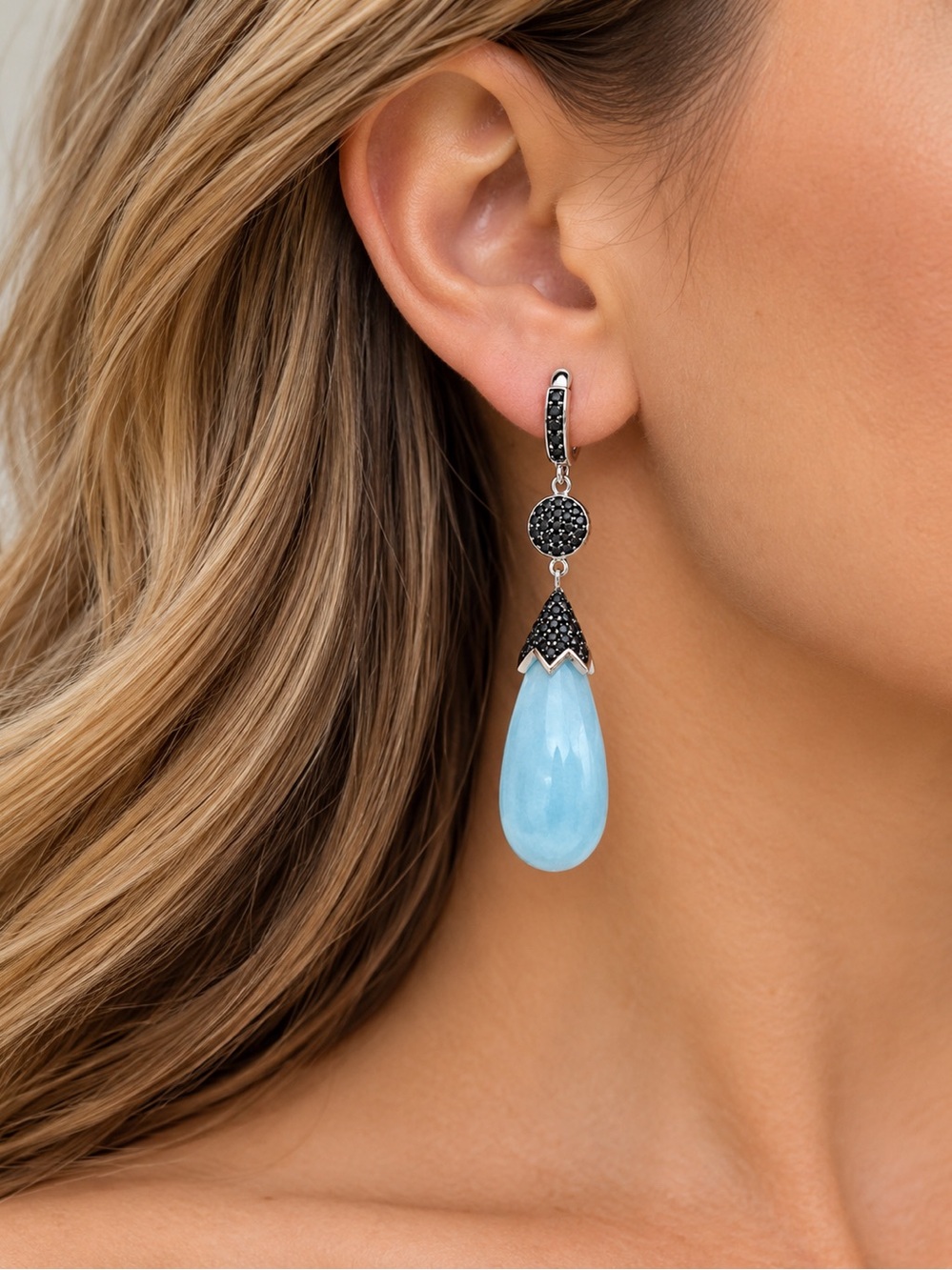 Gem Treasures 35ct Aquamarine Black Spinel 925 Sterling Silver Drop Earrings